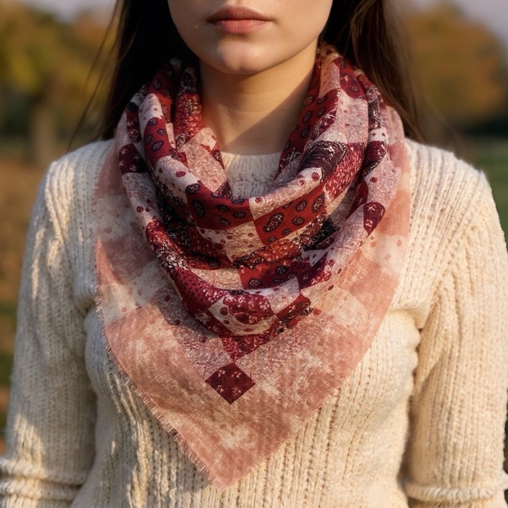 Oversized 100% Wool | Western Paisley Patchwork Floral Fringe Square Scarf Wrap